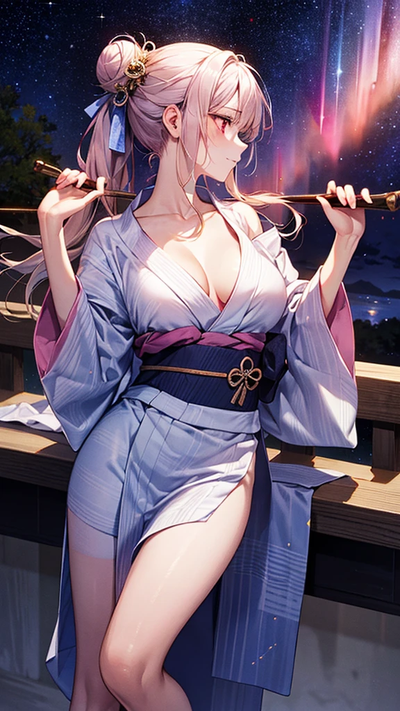 ((Highest quality)), ((High resolution)), ((masterpiece)), (detailed),
Written boundary depth, Anatomically correct, One mature woman, Perfect Face, profile, Shiny skin,
(Long Hair:1.5, Half-up hairstyle, Bun Hair), Red eyes, Long eyelashes, (Big Breasts:0.9),
Beautiful Hair, Beautiful Face, Beautiful details, Beautiful clavicle, Beautiful body, Beautiful breasts, Beautiful thighs, Beautiful legs,
(Pink Yukata, White band),
(Beautiful views), Starry Sky, nebula, milky way, Aurora, Hands stretched out,