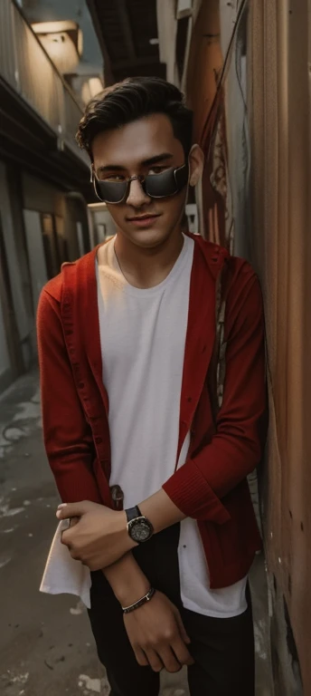 1 boy in, age19, Solo, Long hair, Colossal , Looking at Viewer, black hair, Bare shoulders, red goggles, jewely, Full body, a necklace, off shoulders, Sweaters, Realistic, white t shirt