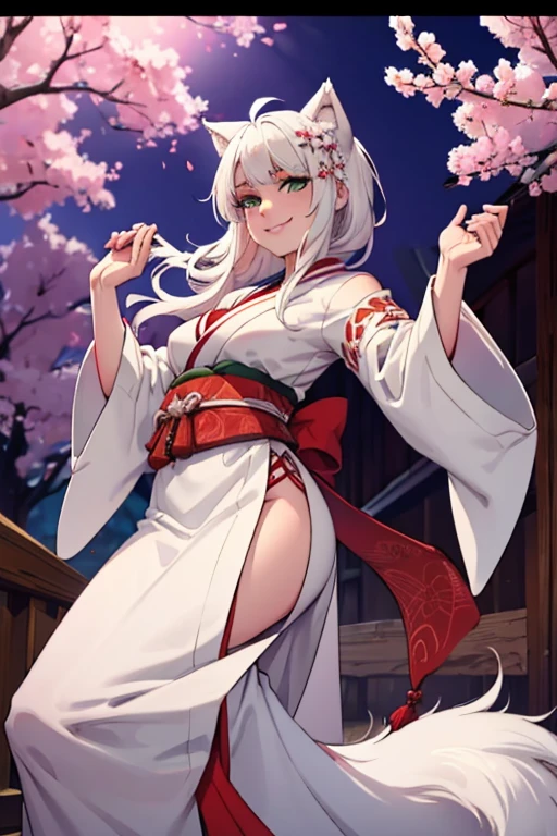 a young white haired wolf woman with green eyes and white wolf ears and a white wolf tail in a pretty kimono is dancing in a flurry of cherry blossoms with a smile
