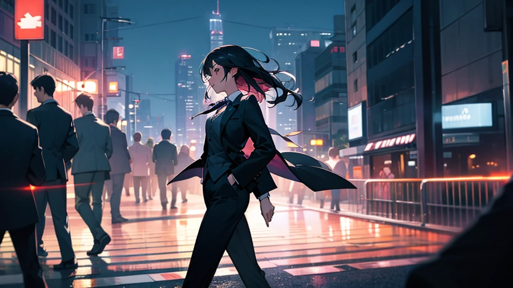 In the crowd、A woman in a suit walking home through the city at night