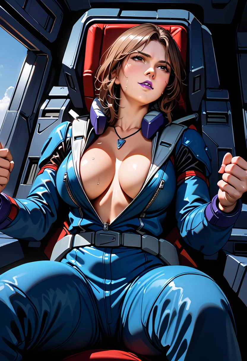 rezin schnyder,mature female,perfect hands, perfect finger,perfect anatomy, masterpiece, best quality,realistic, hyperrealistic, 16k hdr, eff pilot,(blue flight suit:1.2),gundamwingcockpit,large breasts,from below,sitting,spread legs,brown short hair,open zipper,navel,,no bra,cleavage,necklace,sweat,purple lip