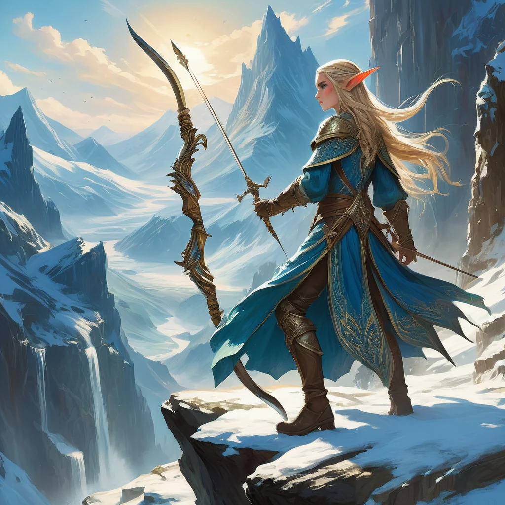 Imagine an elf with striking blue eyes standing on a rocky ledge high in the mountains of a medieval fantasy realm. The elf's long, flowing hair catches the wind, and their pointed ears peek through, hinting at their keen senses. Clad in elegant yet practical attire, woven with natural materials and adorned with intricate patterns, the elf exudes both grace and strength. A finely crafted bow and quiver of arrows rest on their back, and a glinting dagger is sheathed at their side. The mountainous landscape stretches out below, with jagged peaks piercing the sky and lush valleys bathed in the golden light of dawn. Snow-capped summits and crystal-clear streams reflect the ethereal beauty of the scene. Capture the essence of the elf's connection to nature and their silent vigil, standing as a guardian of the ancient mountains in this medieval fantasy world.