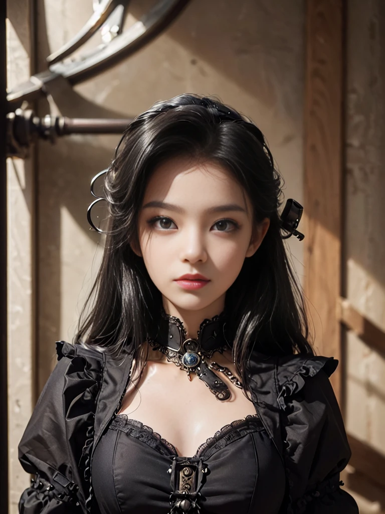 (((masterpiece, Highest quality, Super detailed))), (((1 Infinity Mage Girl))), , (((Highly detailed face))), Small, thin nose, A small, thin-lipped mouth, (((Very sharp focused eyes))), Very large slit-shaped, precise pale grey eyes, Shining like a jewel. Very long eyelashes, long black hair with black vertical curls,, with fringes, ((Steampunk fashion, Gothic Lolita Fashi