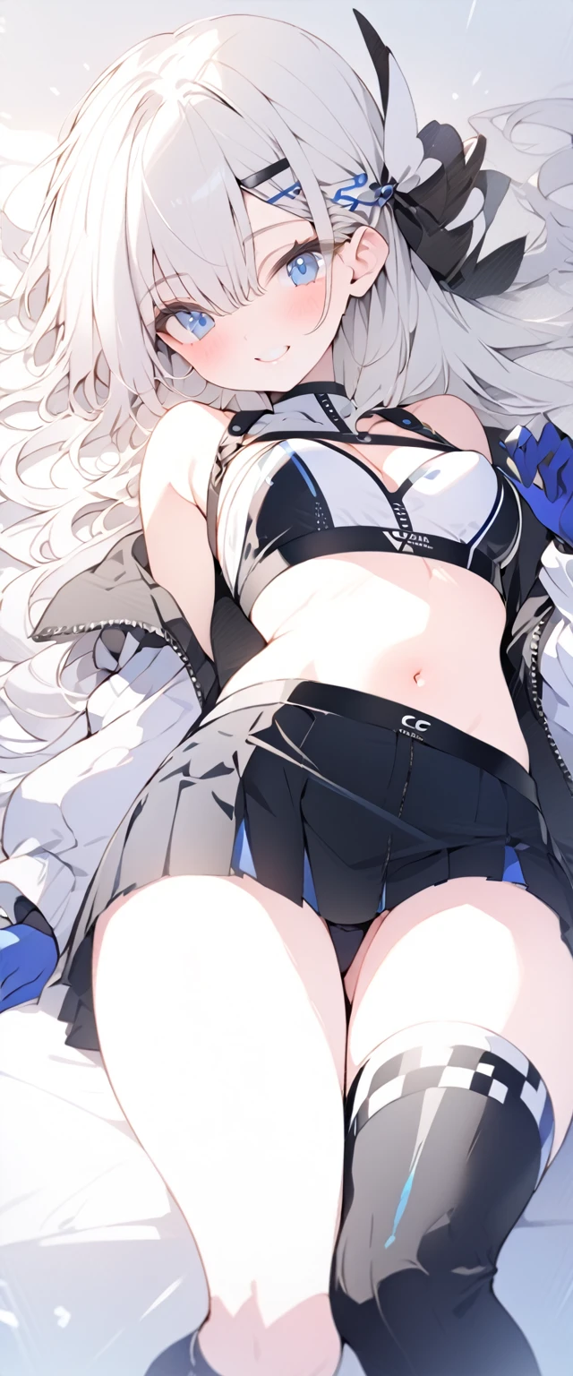 beautiful, masterpiece, Highest quality, anime, One girl, C Cup,Portrait Shot, View your viewers, Covered、Long Hair、nearby、Blue Eyes、art、、White hair,Blue streaked hair、wallpaper、hairpin、Cute smile、Thighs、navel、Black and White_Open race queen、Blue-black_Gloves、Blue-black_Knee-high boots、、Cute、Blue-black_Short skirt、circuit、blue sky、Blue-black_mini skirt、Blue-black_Very short belted skirt、Sci-fi full harness（1.1）、Lying on your back