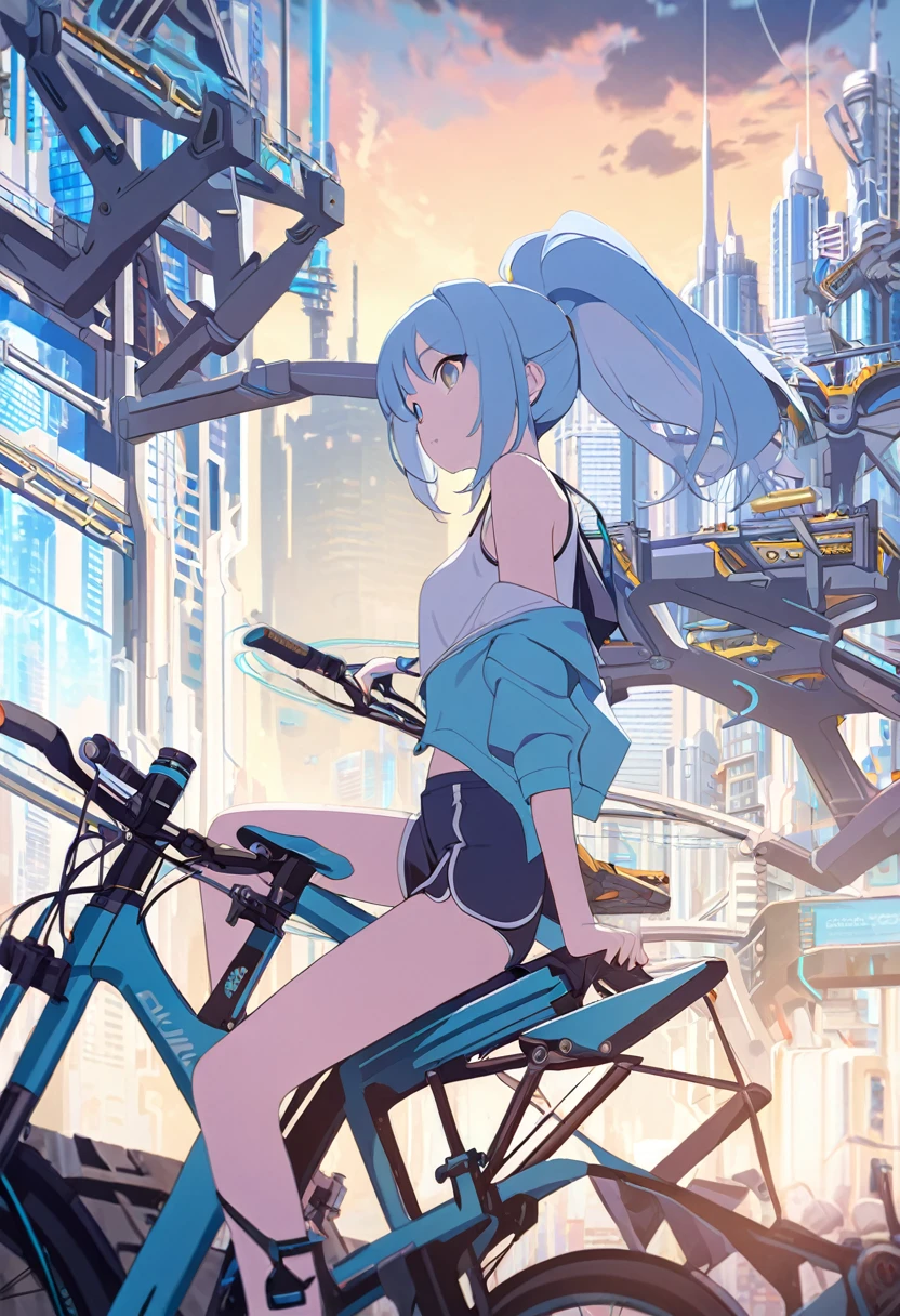 a girl sitting on top of bicycle, dolphin shorts, blue hair, ponytail, A complex machinery structure in a futuristic city
