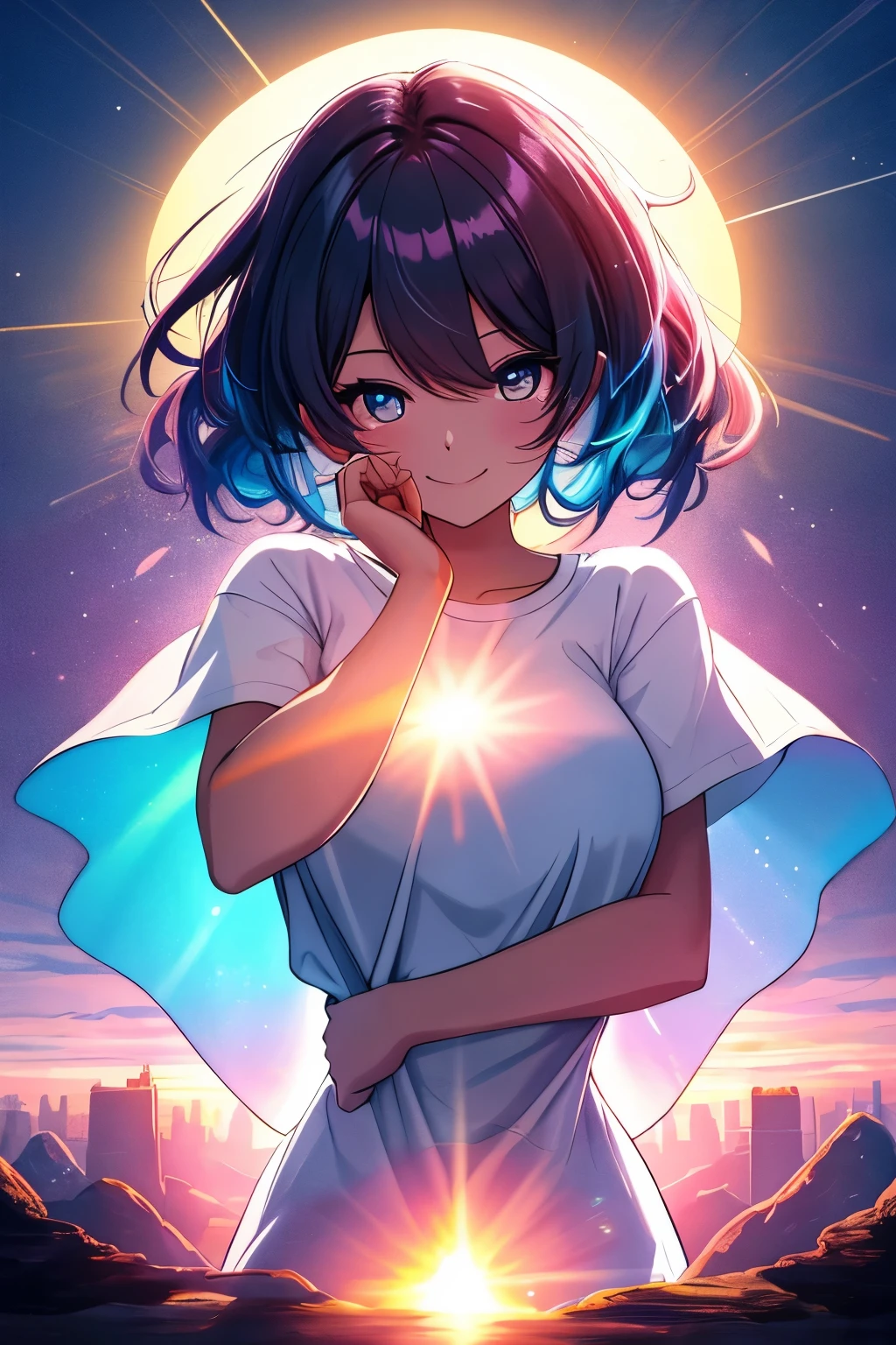 In the break of a brand new day, a radiant figure is depicted after a long, sleepless night. The enlarged, vibrant portrait beautifully encapsulates her, bathed in the soft glow of the rising sun. Her eyes, as wide as the promise of a new dawn, sparkle with a hopeful and resilient smile. The background, a vivid neon hue, symbolizes the energy and optimism that this day will bring. With a high resolution and a thin frame, she is a masterpiece, an oil painting brought to life in top-quality detail, capturing every curve and line of her detailed limbs. Clad in a large, white t-shirt, she wears