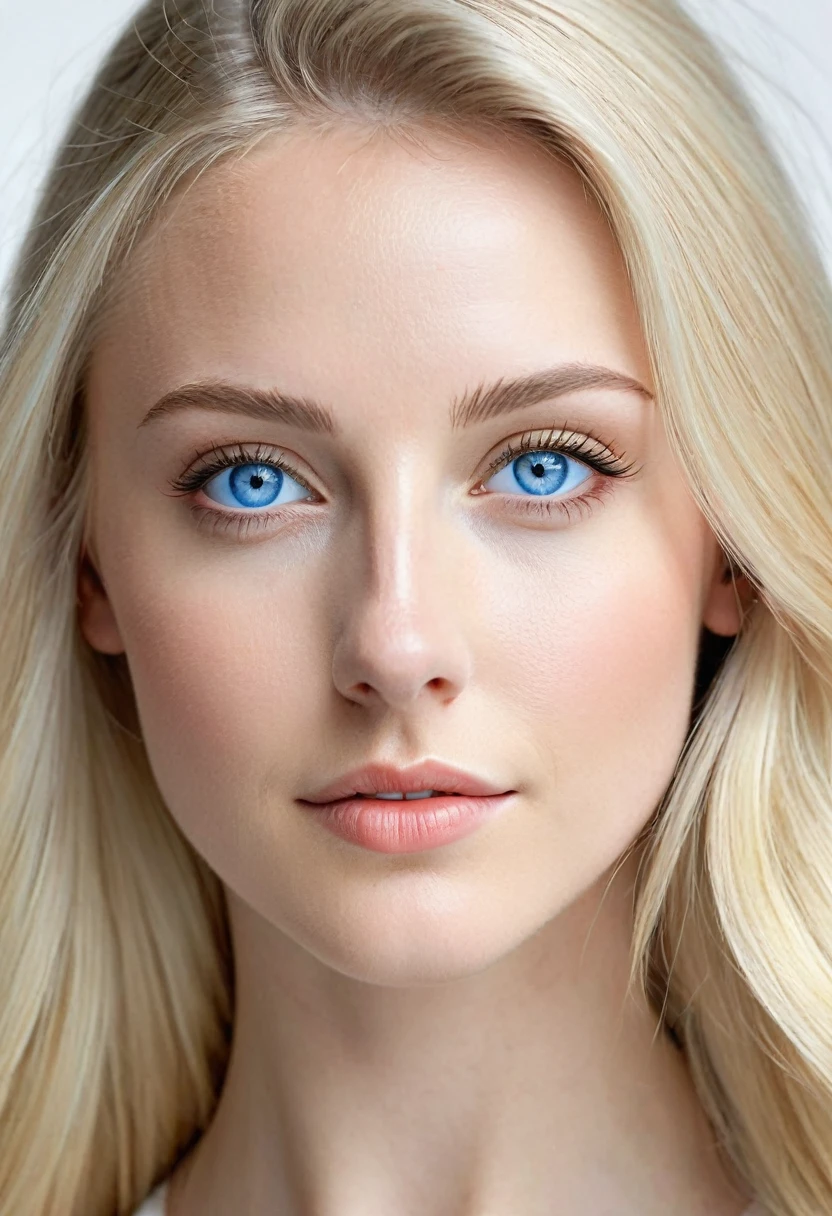 Extremely light white woman, young, adult, neoteny, blue eyes, angelic face, fine features, thin nose, symmetrical face, small nose, perfect face, tenderness, smooth skin, perfect skin, very long light blonde hair,hyper realistic