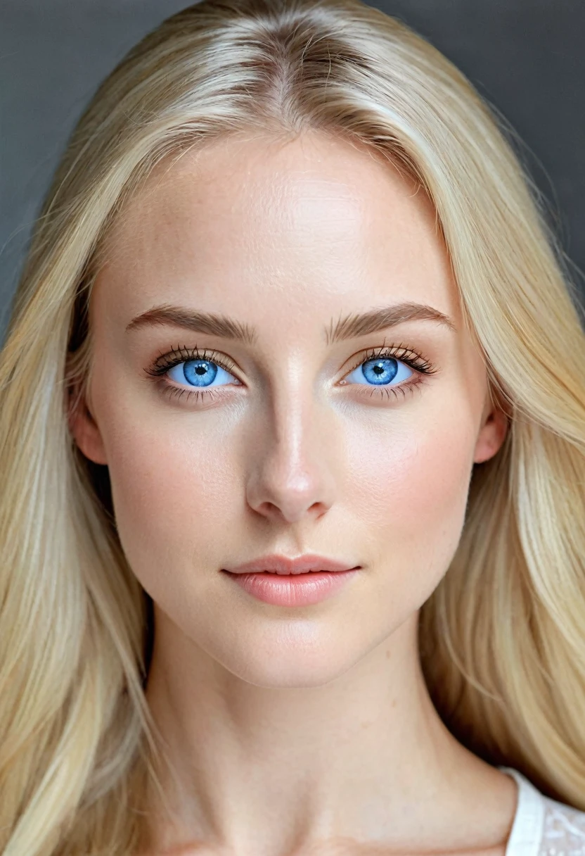 Extremely light white woman, young, adult, neoteny, blue eyes, angelic face, fine features, thin nose, symmetrical face, small nose, perfect face, tenderness, smooth skin, perfect skin, very long light blonde hair,hyper realistic