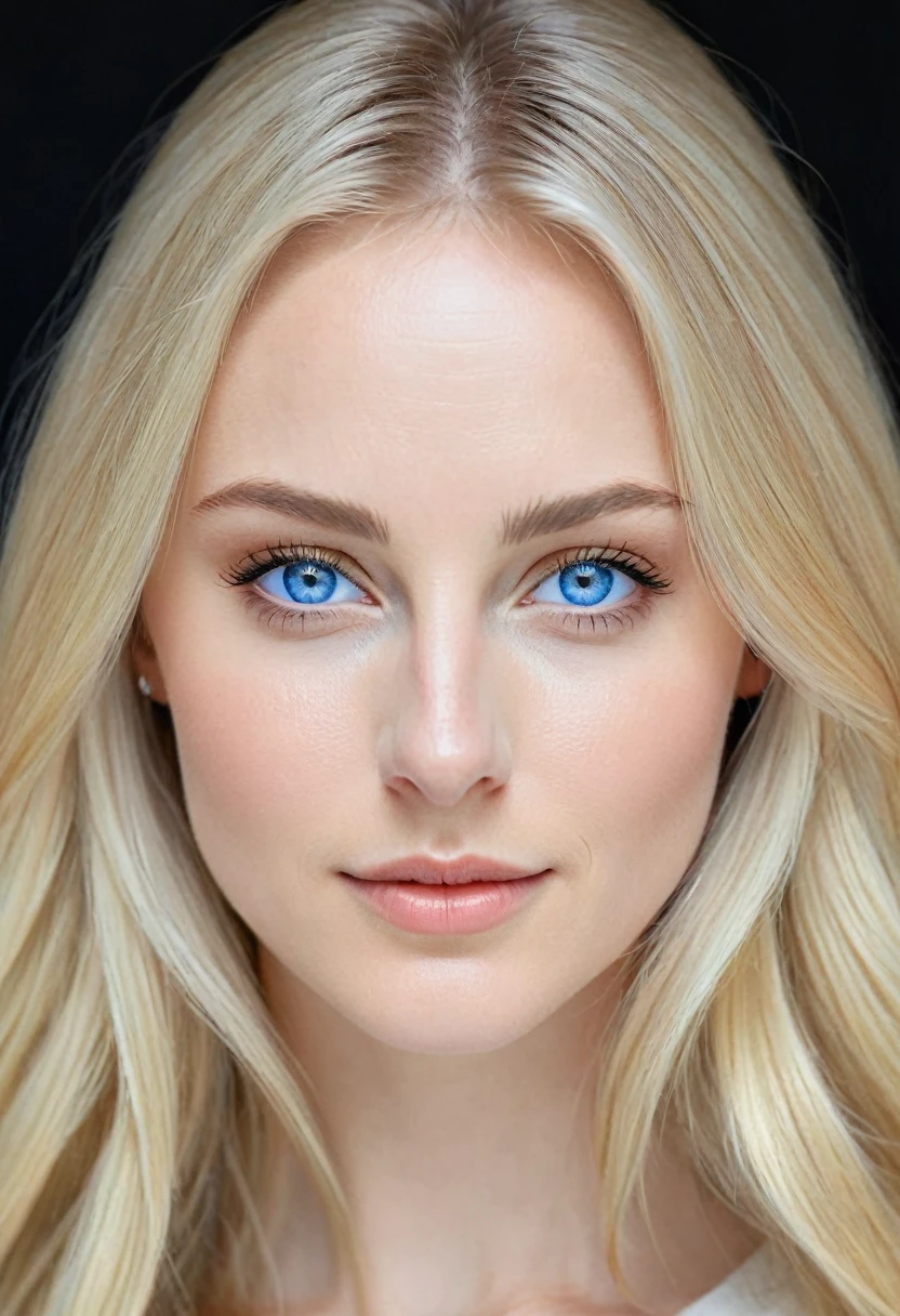 Extremely light white woman, young, adult, neoteny, blue eyes, angelic face, fine features, thin nose, symmetrical face, small nose, perfect face, tenderness, smooth skin, perfect skin, very long light blonde hair,hyper realistic