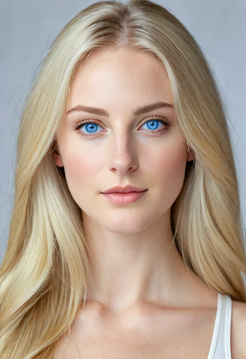 Extremely light white woman, young, adult, neoteny, blue eyes, angelic face, fine features, thin nose, symmetrical face, small nose, perfect face, tenderness, smooth skin, perfect skin, very long light blonde hair,hyper realistic