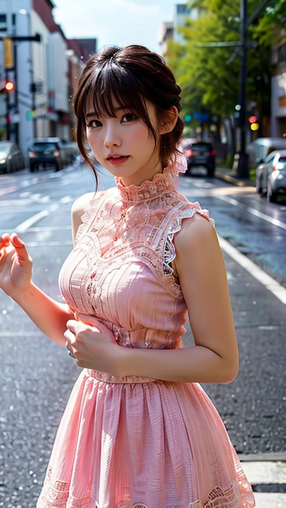 a woman posing on the street corner with pink dress on, best quality, high res, 8k, 1girl, (huge breasts), day, bright, outdoor, (street:0.8), (people, crowds:1), (lace-trimmed dress:1.5, pink clothes:1.5, pink high-neck dress:1.5, sleeveless dress, pink dress: 1.5), gorgeous, (medium hair), beautiful detailed sky, beautiful earrings, (dynamic pose:0.8), (upper body:1.2), soft lighting, wind, shiny skin, looking at viewer,