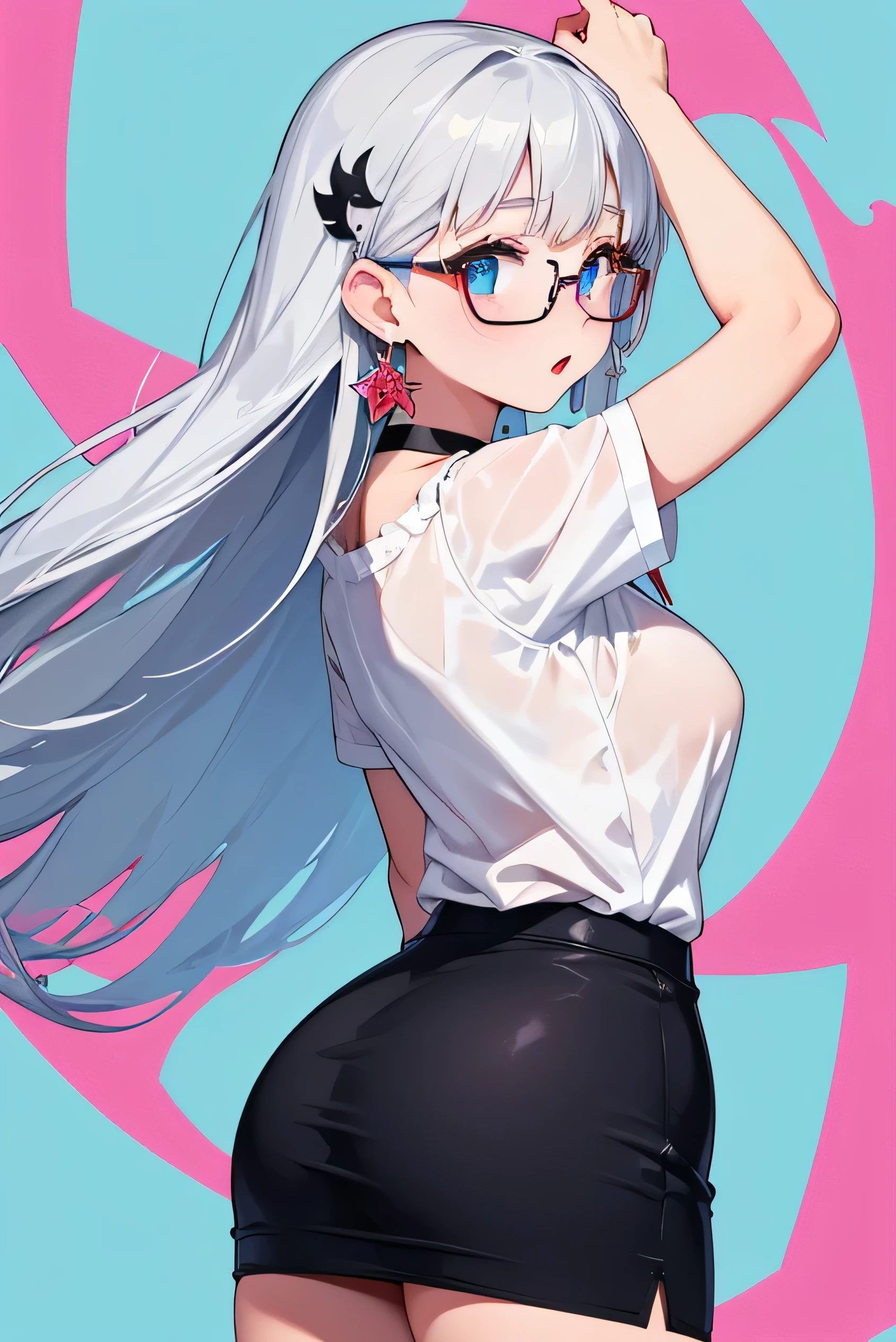 (Super detailed、Ultra-high resolution、Detailed Background)、((Flat Color))、((colorful))、((浮かぶcolorfulな水))、One female secretary in the office、body paint、Pop tattoo on the butt、Big Breasts、Sexy Random Pose、Low angle from behind、Beautiful ass、Buttocks up、
(Long Hair、Silver Hair、hair ornaments、Glasses)、Beautiful blue eyes、Beautiful red lip、(blouse、Black Micro Mini Skirt、choker）、TWICE&#39;s Tzuyu&#39; on pause、（fun、smile、A rich expression）