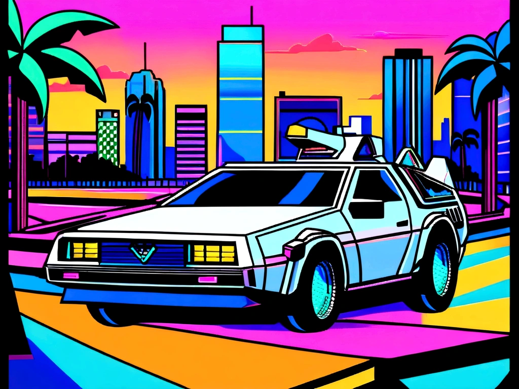 delorean car drives through the city with palm trees and neon sunset, art deco ahead of anime aesthetic, overtake art style, miami synthetic wave, masterpiece epic Find art, epic Find art, neon landscape, Find art, style of synthwave art, The 80s are ahead, Epic retrowave art, advanced color palette, Cyberpunk dreamy colorful colors