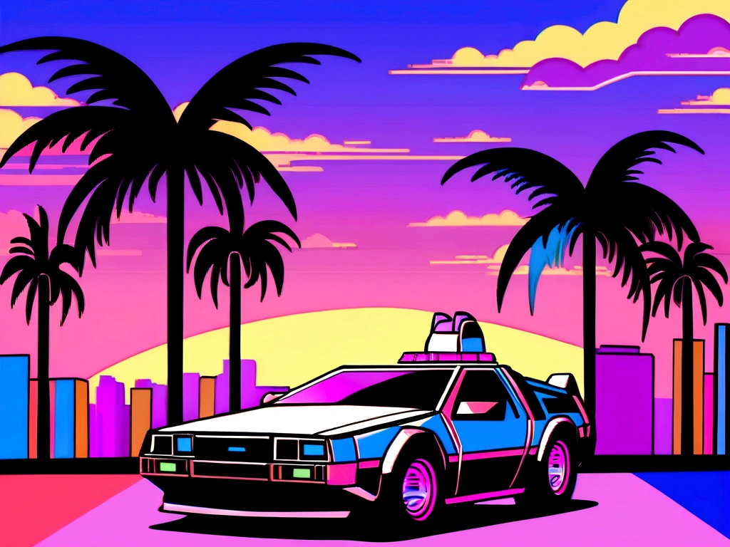 delorean car drives through the city with palm trees and neon sunset, art deco ahead of anime aesthetic, overtake art style, miami synthetic wave, masterpiece epic Find art, epic Find art, neon landscape, Find art, style of synthwave art, The 80s are ahead, Epic retrowave art, advanced color palette, Cyberpunk dreamy colorful colors