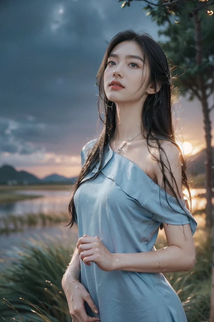 (((best quality))),(((ultra detailed))),(((masterpiece))),illustration,((1 beautiful girl,solo)),((slim,thin,flat chest)),(shoulder length straight bob hair:1.2),flowing hair,fair skin,(shiny skin:1.3),detailed eyes,laughing,(blue shirt-dress:1.3),delicate necklace,grass,dewdropletts,trees,bird chirping,serenity,gratitude,awe,wonders of nature,peace,contentment,magnificent world,summer,(pitch-dark dawn:1.5),(night scene:1.3),((upper body,from front)),after rain,(wet:1.3),standing,on the path,At the mountaintop,confident gaze,elegant posture,mysterious atmosphere,solemn mood,dawn approaching,detailed decorations,(sunrise:1.3),(cloudy sky:1.2),rainbow,(Rural Landscape:1.2),horizon,