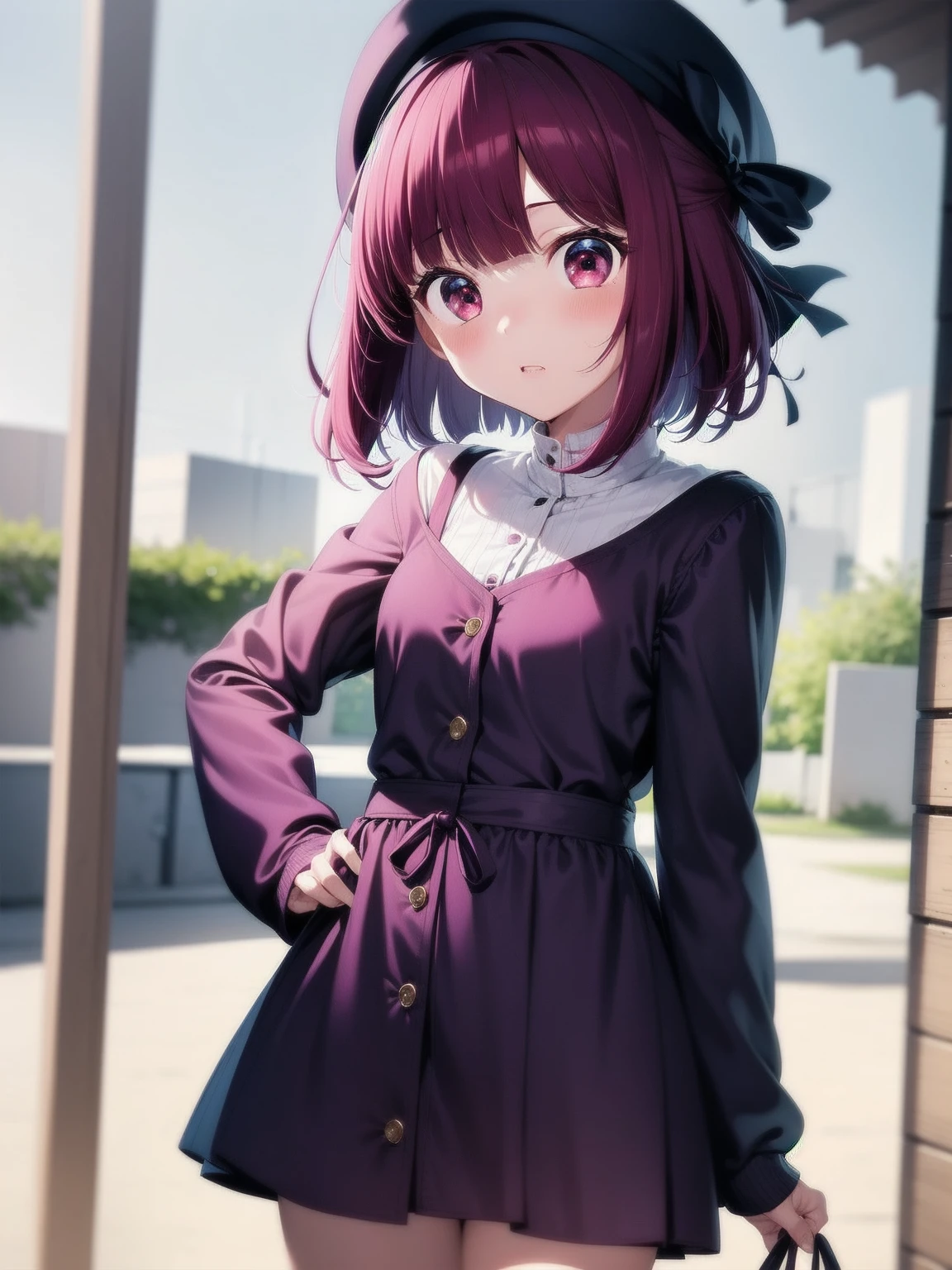 1 girl, Graduation Bob, Straight short hair,  Medium violet redhead, Medium Violet Red Eyes, big drooping eyes, Small beret, selfish, kindergarten