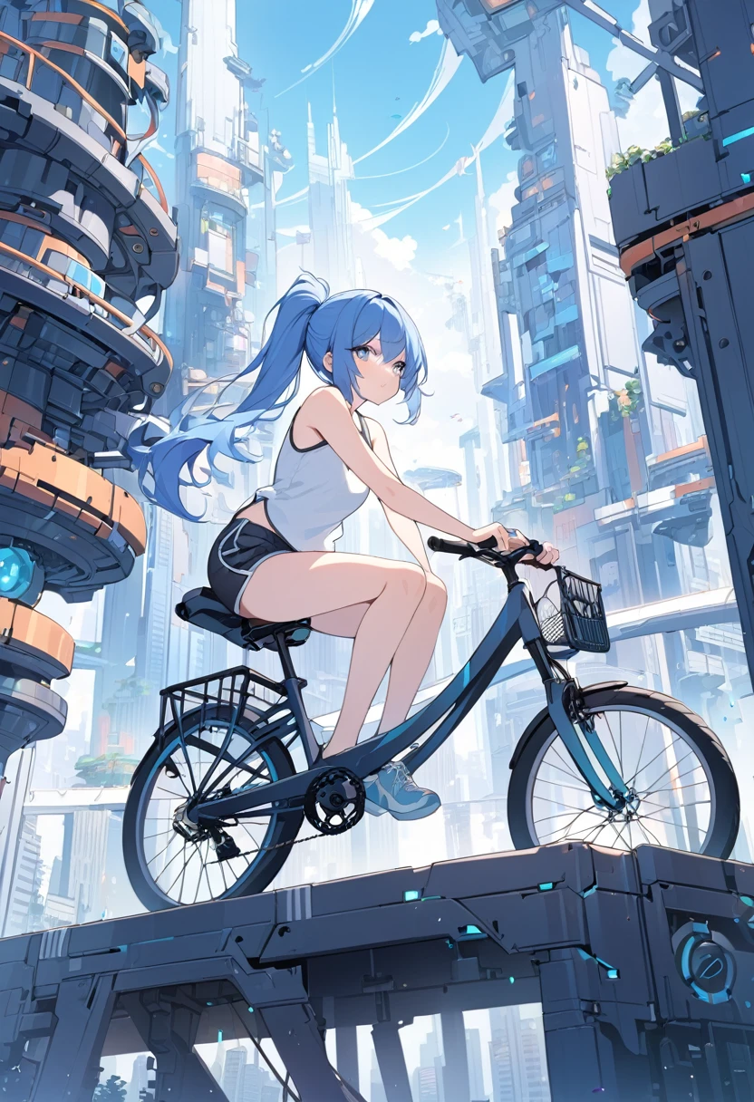 a girl sitting on top of bicycle, dolphin shorts, blue hair, ponytail, A complex machinery structure in a futuristic city