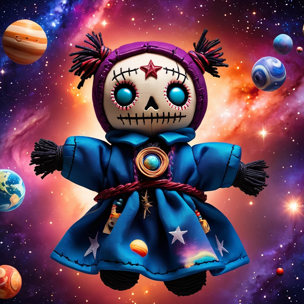 (knitted toy voodoo doll:1.6), (Voodoo Star Seeker:1.3), (clothes space robe with star patterns and planets:1.0), (background space with galaxies and nebulae:1.3), best quality, masterpiece, detailed soft oil painting, detailed background, dramatic cinematic lighting, soft edge lighting, professional, dramatic lighting, hard edge lighting, ultra quality, 4k, masterpiece, best quality, 8k, ultra high definition, high resolution, extremely detailed