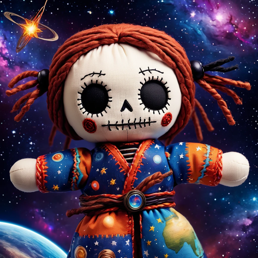 (knitted toy voodoo doll:1.6), (Voodoo Star Seeker:1.3), (clothes space robe with star patterns and planets:1.0), (background space with galaxies and nebulae:1.3), best quality, masterpiece, detailed soft oil painting, detailed background, dramatic cinematic lighting, soft edge lighting, professional, dramatic lighting, hard edge lighting, ultra quality, 4k, masterpiece, best quality, 8k, ultra high definition, high resolution, extremely detailed