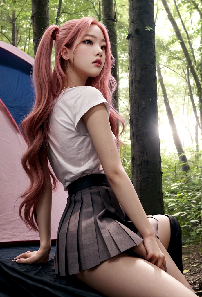 ((Blackpink rosé)), tiny white t-shirt, tiny blue pleated skirt, pink panties, black high heels, close-up from thighs to face, shot from below, very fair skin, very long hair, wavy hair, camping, Forest, photorealistic, Indirect lighting, volumetric light, ray tracing, hyper-detailed, best quality, very high resolution, HDR, 8k