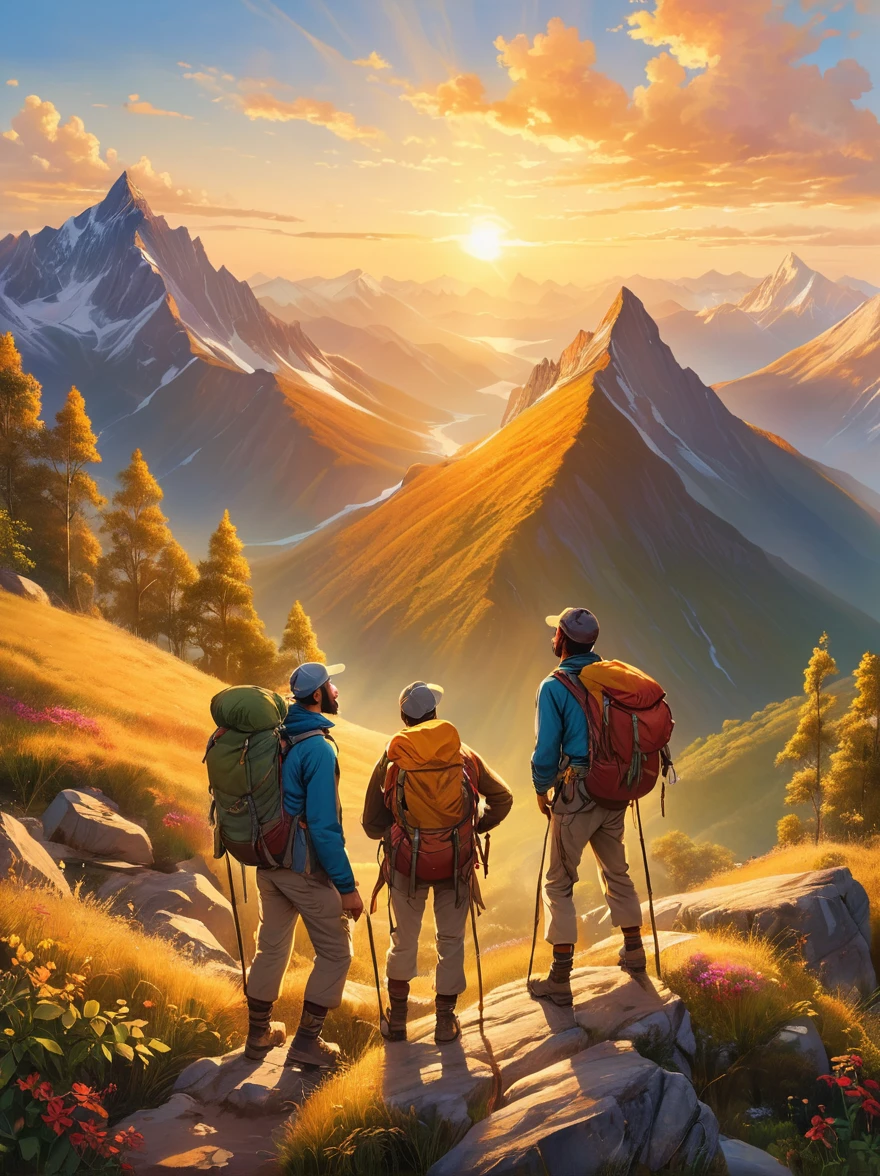 An expressive image that captures the emotion of an adventure filled with heartfelt moments. Imagine a scene where a group of explorers of various descents and genders experiencing a beautiful sunrise after a tough hike. They are standing at the mountain peak, their faces glow with joy and satisfaction. They are closer than ever, their bond forged by shared hardships and little victories. In the background, the rising sun casts a warm, golden light on the surrounding landscape, painting an exquisite picture of natural beauty and tranquility. There is a sense of accomplishment and deep connection between the adventurers, a moment they will cherish forever