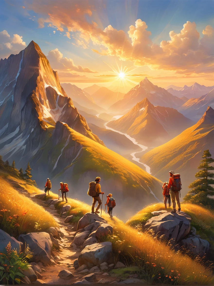 An expressive image that captures the emotion of an adventure filled with heartfelt moments. Imagine a scene where a group of explorers of various descents and genders experiencing a beautiful sunrise after a tough hike. They are standing at the mountain peak, their faces glow with joy and satisfaction. They are closer than ever, their bond forged by shared hardships and little victories. In the background, the rising sun casts a warm, golden light on the surrounding landscape, painting an exquisite picture of natural beauty and tranquility. There is a sense of accomplishment and deep connection between the adventurers, a moment they will cherish forever