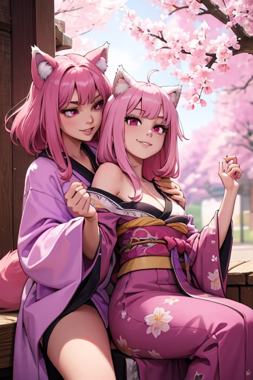 a young pink haired wolf woman with violet eyes and pink wolf ears and a pink wolf tail in a pretty kimono is dancing in a flurry of cherry blossoms with a smile
