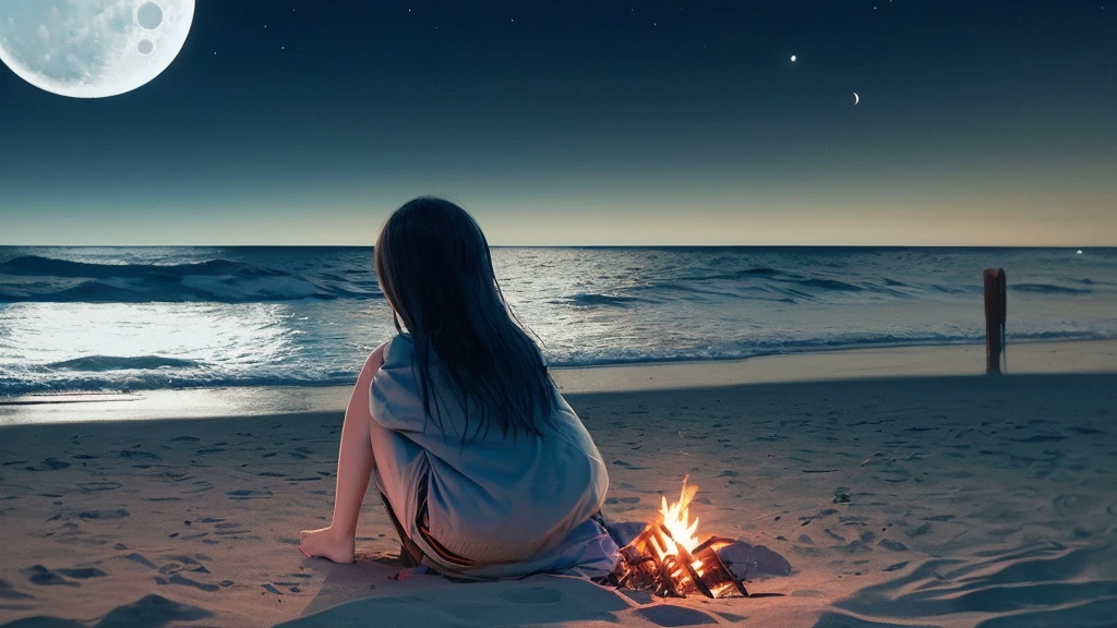 Lo-fi music anime illustration of a girl sitting on the beach at night watching a bonfire。The moon is reflected on the surface of the sea、It creates a calm and quiet atmosphere。The girl is relaxing in a camping chair、A gentle breeze makes me feel like time is passing slowly as my hair flutters.。The only light is from the moon and the bonfire