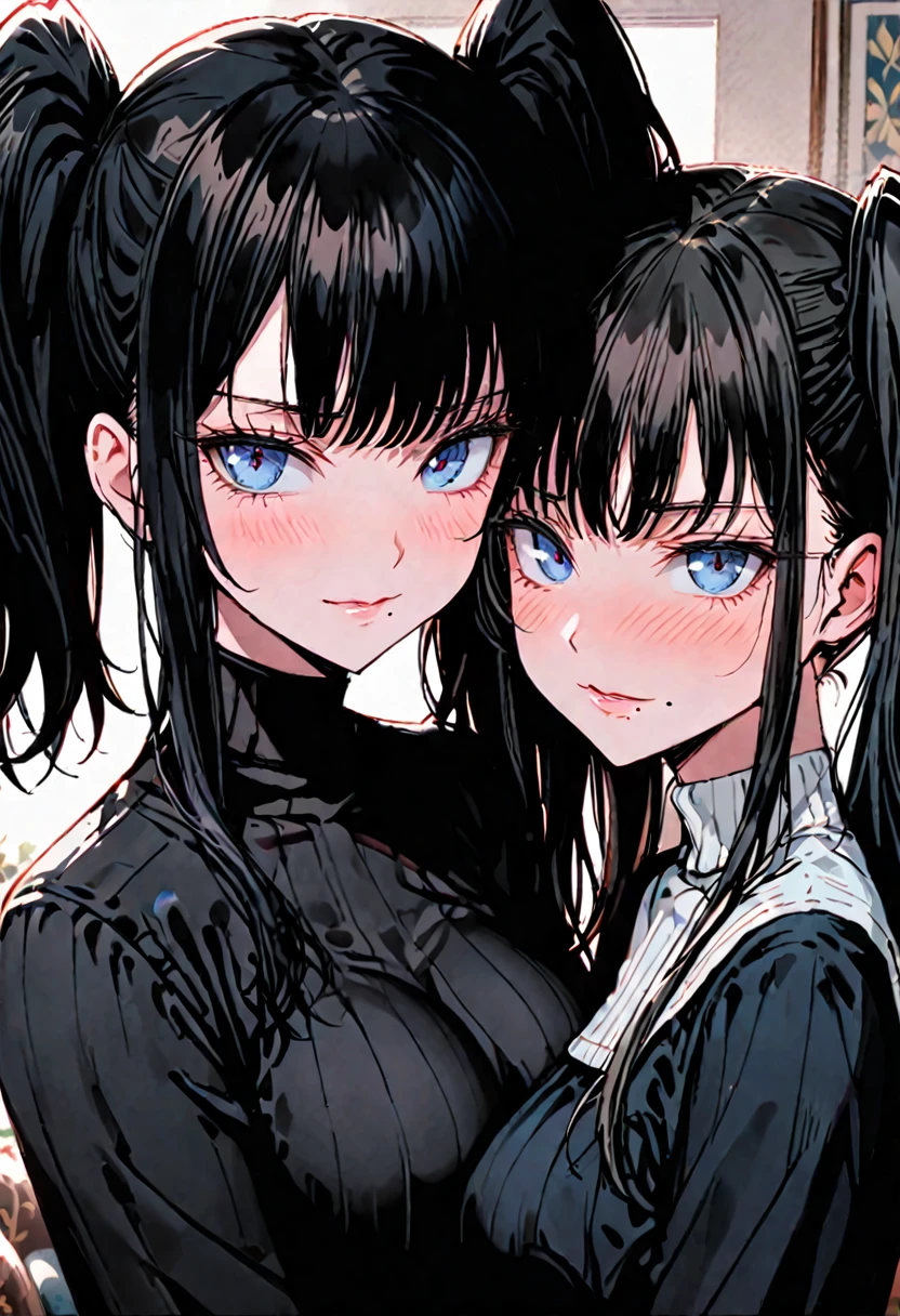 2 females, mother and daughter, living room, symmetrical docking, close up. (mother with huge breasts, long wavy black hair, blue eyes, white ribbed turtleneck, mole under mouth, seductive smile), (daughter is a teenager with medium breasts, shy, blush, young, black serafuku, long black twin tails)