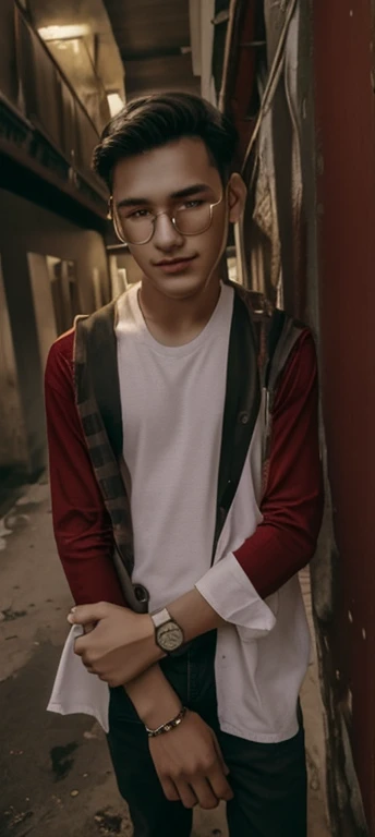 1 boy in, age19, Solo, Long hair, Colossal , Looking at Viewer, black hair, Bare shoulders, red goggles, jewely, Full body, a necklace, off shoulders, Sweaters, Realistic, white t shirt