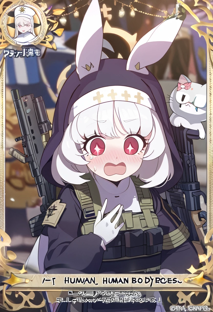 ((Perfect human body)),1girl,Anime girl with white hair and bunny ears, Red eyes, Shy blush,Eyes with enhanced sparkle,Pleasantly surprised,,Nuns,Special forces equipment,army vest,Modest chest,full Art,Rifle on shoulder,Character portrait,Catを見る,Cat