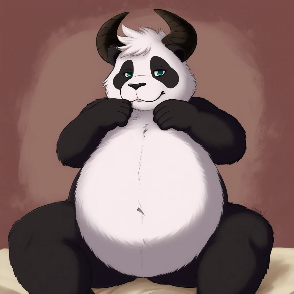 panda, big belly, man, big horns, naked, very shy, small