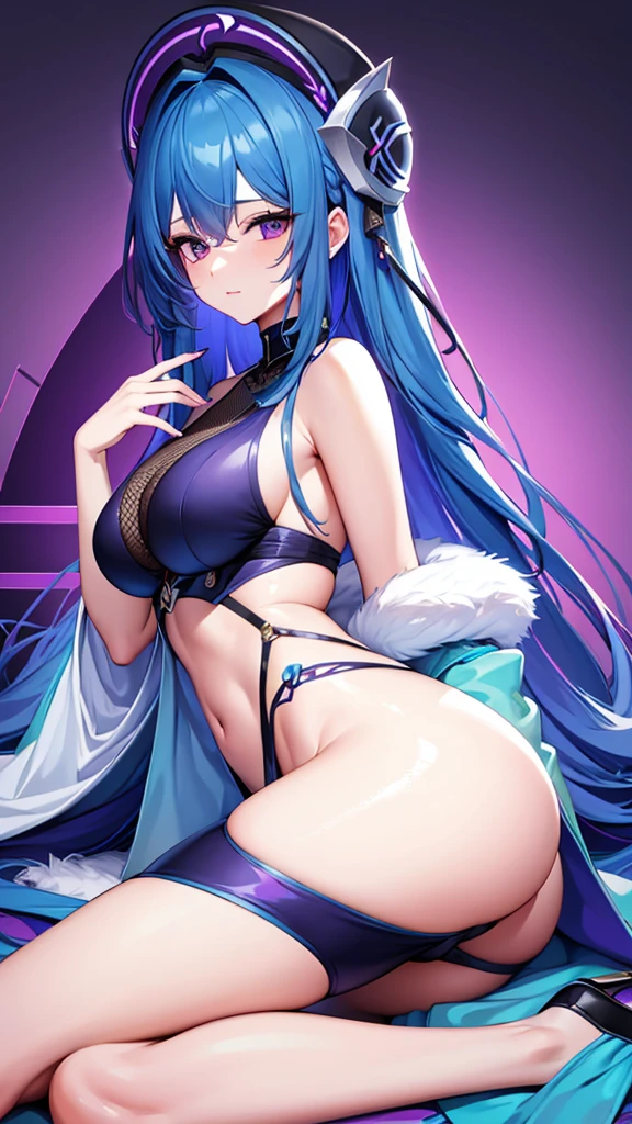 Mature medium long hair sexy cute girl wearing blue hair purple crop and panrolon 8k quality sharp lines Cute girl
