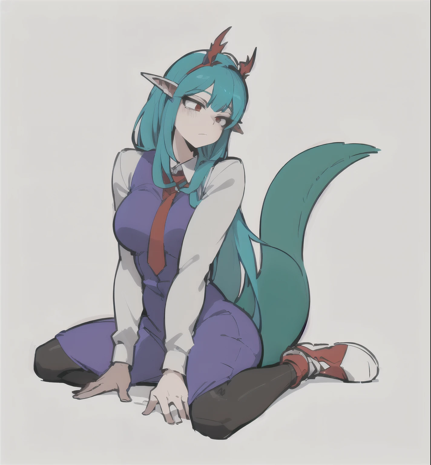 Anime girl with blue hair and red tie sits on the floor., Winding posture, anime monster girl, dragon girl, Relaxed posture, female fur, Mizuzune, Anime girl crouching, lamia, like a human dragon, Anime style characters, Fursona is a humanoid with long hair., full color, in anime style, oc commission