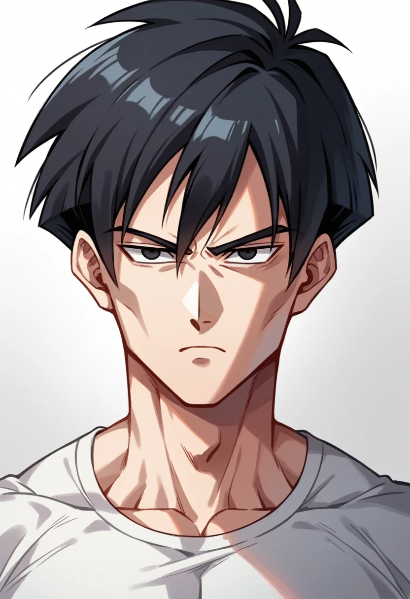 A highschool boy, handsome, perfect body, black hair, short hair, mullet, black eyes, upturned eyes, expressionless, white shirt, anime, first-person view, dragonball art style, masterpiece, anatomically correct, high details, highres, best quality, super detail, 1080P