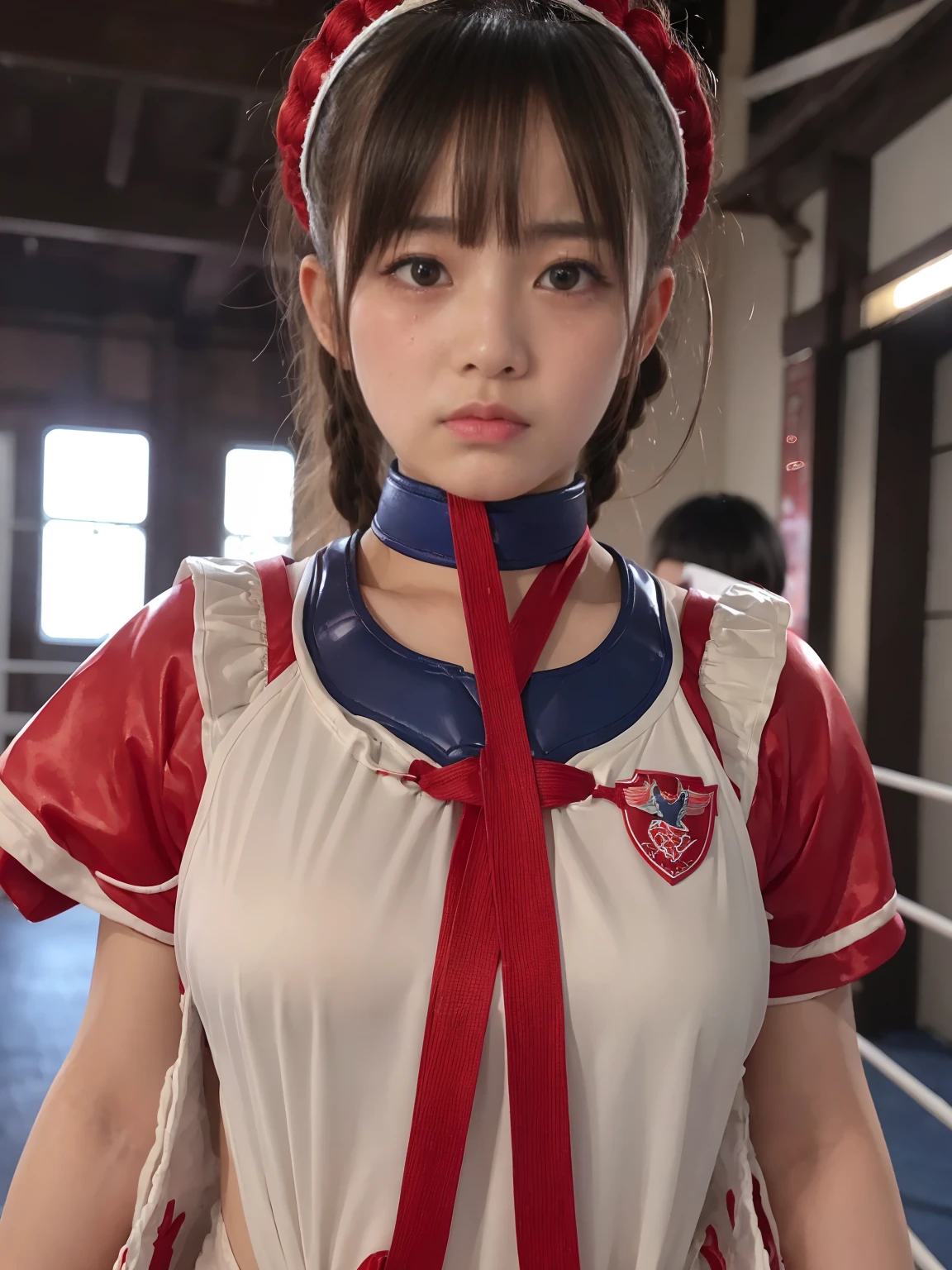((highest quality, 8K, masterpiece :1.3)), 14 year old beautiful Japanese girl、One person、Small breasts、Professional wrestler costumes、Bondage、Pain and gasping、A regretful look、Tears