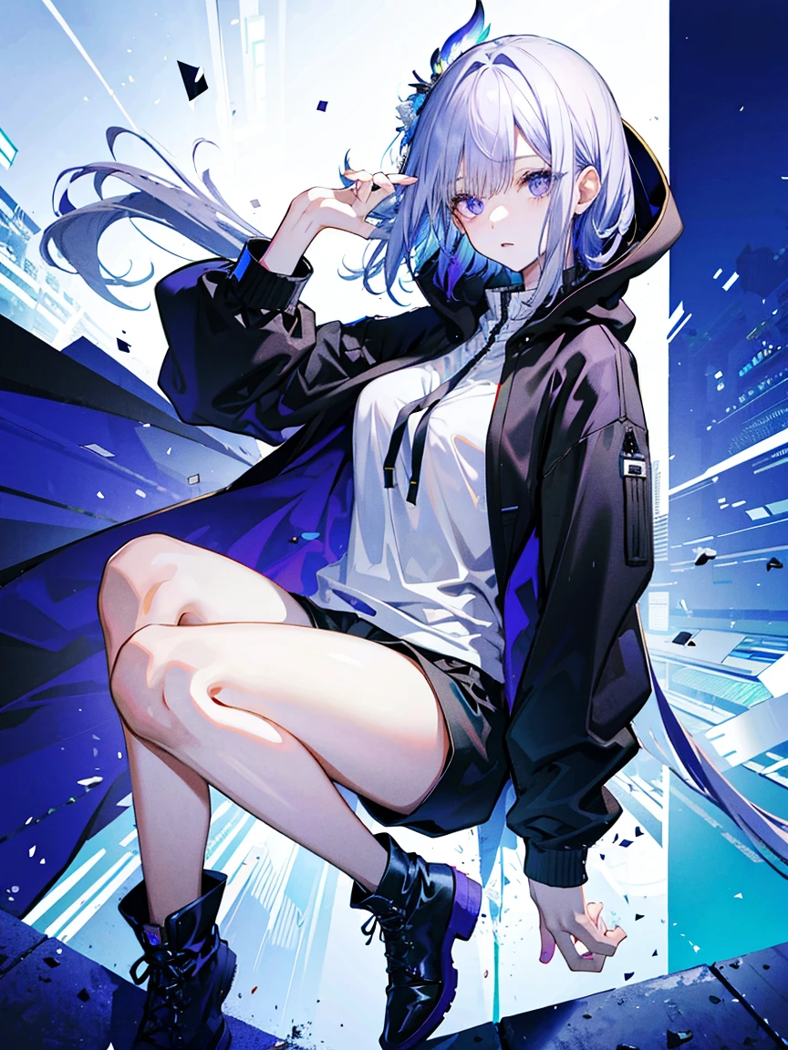 (Fine and beautiful eyes)、long hair，Long, blue-gray hair，Two moles under the eyes，Beautiful purple eyes，Detailed eyes，Detailed face，Large breasts，Black Hoodie、Thin legs，Long black boots、High resolution eyes、Jewel-like eyes、Straight Hair、Minimally revealing clothing、Short, oversized black shorts、Extreme Detail、High resolution、Shining Eyes