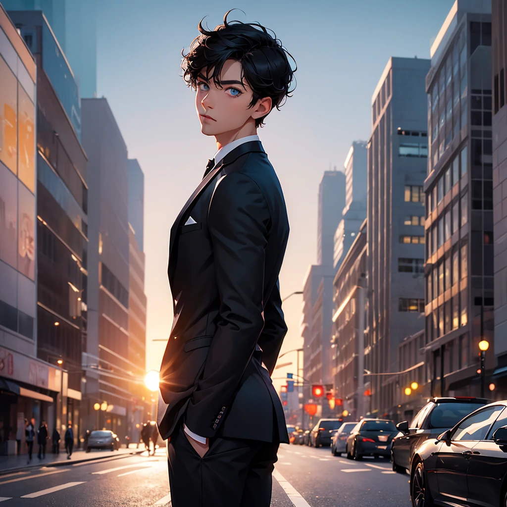 1boy, short black hair, light blue eyes, wearing all black suits, street, sunset, high res, ultrasharp, 8k, masterpiece, looking at viewer from behind