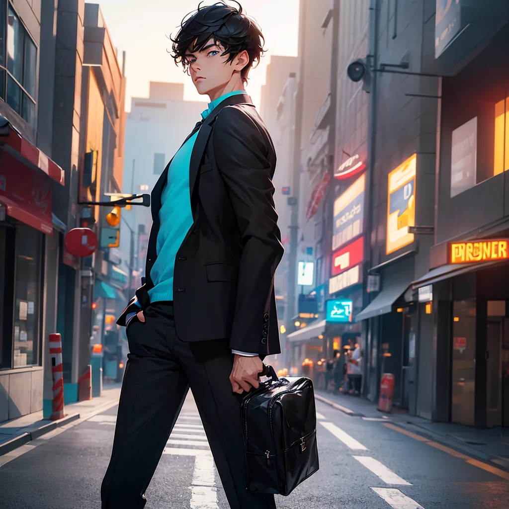 1boy, short black hair, light blue eyes, wearing all black suits, street, sunset, high res, ultrasharp, 8k, masterpiece, looking at viewer from behind