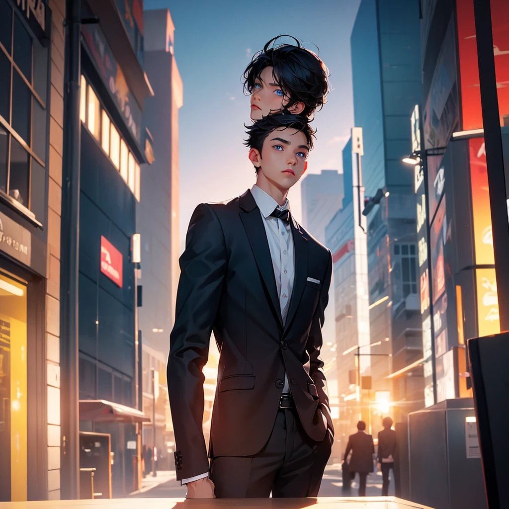 1boy, short black hair, light blue eyes, wearing all black suits, street, sunset, high res, ultrasharp, 8k, masterpiece, looking at viewer from behind