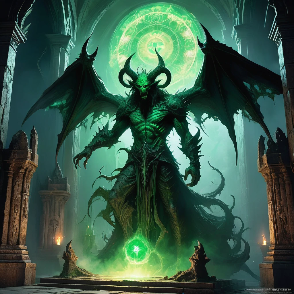 Envision an ancient demon emerging from the shadows of a crumbling, long-forgotten temple deep within a medieval fantasy realm. The demon's form is imposing and grotesque, with jagged horns, scaled skin, and eyes that burn with a malevolent glow. From its chest emanates a pulsating, eerie green light—the manifestation of its corrupted soul. The demon's presence warps the very air around it, causing the ancient stone walls to crack and the ground to tremble. Faded runes and ancient sigils adorn the temple's walls, remnants of forgotten wards that once tried to contain this dark entity. The air is thick with the stench of decay and the sound of distant, mournful wails. Capture the sinister and terrifying essence of this ancient demon, a being of pure evil and immense power, as it stirs once more in the heart of the medieval fantasy world.