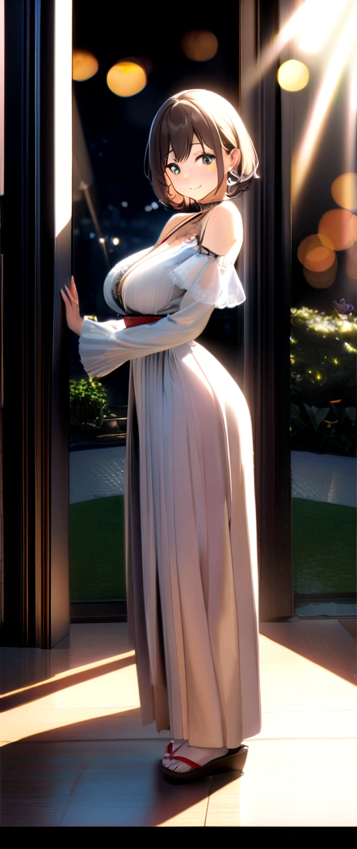 (8K, highest quality, masterpiece: 1.2), Japanese women, Super detailed, highest quality, Ultra-high resolution, Professional Lighting, Photon Mapping, Radio City, Physically Based Rendering, Cinema Lighting, Depth of written boundary, focus on, Sun rays, Good composition, (bokeh: 1.2), 1 female, (whole body), Bright smile, Beautiful Eyes, tracing, narrow, Brown Hair, short hair, Prairie Blouse Green, lingerie, Garden,Japanese,Mature Woman,F cup breasts