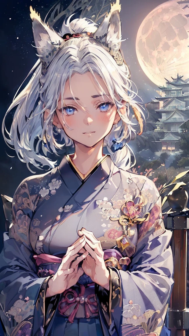 (((masterpiece))), (((Highest quality))), ((Super detailed)), ((Ultra-fine illustrations)), ((Ultra-fine painting)), (16K Highest qualityの壁紙:1.4),High resolution, (Highly detailed and subtle illustration style:1.8), Detailed skin texture, Detailed cloth texture, Very detailed explanation, Intricate details, Super Detail, Direct sunlight:1.6
brake
(27 years old), (alone:1.8), ((Very beautiful and attractive silver (Fox:1.4) Fashion Model:1.4))
brake 
(Perfect Anatomy:1.4), (Highly detailed face:1.4), ((Beautiful and adorable silver Fox ears:1.4)), (Highly detailed and delicate silver Fox ears:1.4), (Beautiful and well-shaped big breasts:1.2), (Beautiful and shapely butt), (A beautiful, shiny silver ponytail:1.4), (Very delicate and intricate silver ponytail:1.2), (Beautiful clear blue eyes:1.6), (Very delicate and delicate blue eyes:1.4), (Highly detailed face:1.4), (smile:1.5), (blush:1.2), (Perfect Anatomy:1.4), (Extremely elaborate hands:1.2), (Highly detailed fingers:1.2), (Very dexterous fingers:1.2), (View your viewers:1.4)
brake
(Very detailed dark colored kimono armor:1.4), (Very detailed dark colored long hakama armor:1.4), (Japanese traditional clothing:1.2)
brake
(Concept Art:1.2), (Detailed fantasy art:1.2)
brake
((Highly detailed and intricate Japanese castle background:1.6), Japan Wind Castle:1.4, Highly detailed and beautiful moon and starry sky background:1.4) brake
(Upper Body:1.4)
brake 