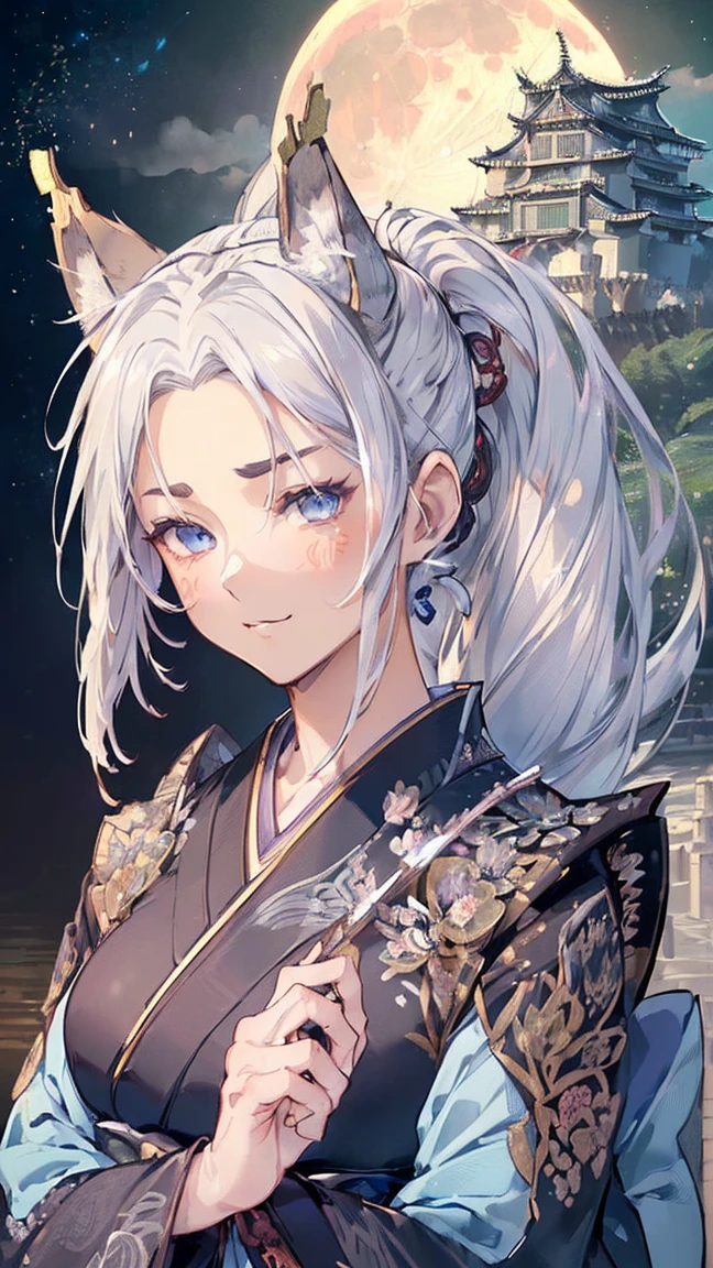 (((masterpiece))), (((Highest quality))), ((Super detailed)), ((Ultra-fine illustrations)), ((Ultra-fine painting)), (16K Highest qualityの壁紙:1.4),High resolution, (Highly detailed and subtle illustration style:1.8), Detailed skin texture, Detailed cloth texture, Very detailed explanation, Intricate details, Super Detail, Direct sunlight:1.6
brake
(27 years old), (alone:1.8), ((Very beautiful and attractive silver (Fox:1.4) Fashion Model:1.4))
brake
(Perfect ???????:1.4), (Highly detailed face:1.4), ((Beautiful and adorable silver Fox ears:1.4)), (Highly detailed and delicate silver Fox ears:1.4), (Beautiful and well-shaped big breasts:1.2), (Beautiful and shapely butt), (A beautiful, shiny silver ponytail:1.4), (Very delicate and intricate silver ponytail:1.2), (Beautiful clear blue eyes:1.6), (Very delicate and delicate blue eyes:1.4), (Highly detailed face:1.4), (smile:1.5), (blush:1.2), (Perfect ???????:1.4), (Extremely elaborate hands:1.2), (Highly detailed fingers:1.2), (Very dexterous fingers:1.2), (View your viewers:1.4)
brake
(Very detailed dark colored kimono armor:1.4), (Very detailed dark colored long hakama armor:1.4), (Japanese traditional clothing:1.2)
brake
(Concept Art:1.2), (Detailed fantasy art:1.2)
brake
((Highly detailed and intricate Japanese castle background:1.6), Japan Wind Castle:1.4, Highly detailed and beautiful moon and starry sky background:1.4) brake
(Upper Body:1.4)
brake