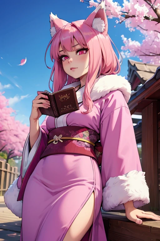 a young pink haired wolf woman with violet eyes with an hourglass figure and pink wolf ears and a pink wolf tail in a pretty kimono is reading underneath a cherry blossom
