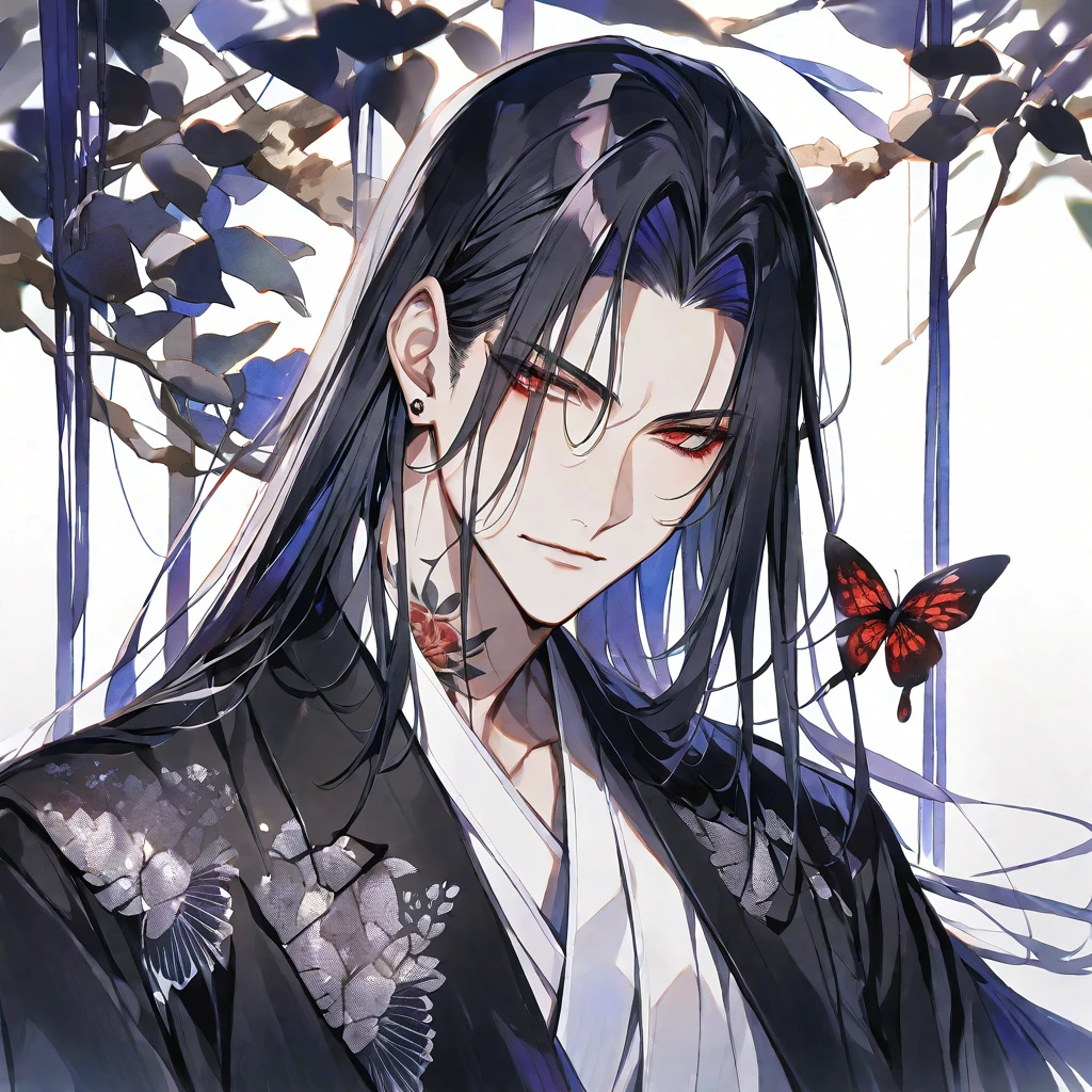 solo,handsome, Watercolor,
1. male,
hime cut,Straight Hair,long Hair,
black hair, Gojo Satoru,
red Eyes,Black Rose Tattoo,butterfly Tattoo,
black knit,
skin,Silver Accessories,
White background,