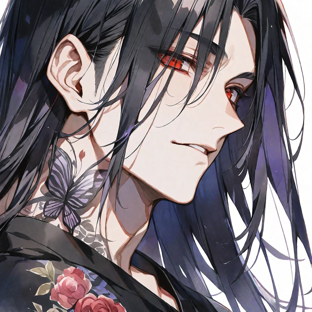 solo,handsome, Watercolor,
1. male,
hime cut,Straight Hair,long Hair,
black hair, Gojo Satoru,
red Eyes,Black Rose Tattoo,butterfly Tattoo,
black knit,
skin,Silver Accessories,
White background,