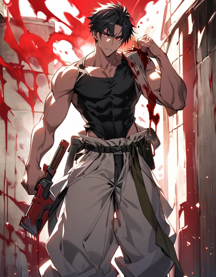 Sasae Hatsushimi. is a young man with messy, shoulder-length black hair that partially hangs in front of his face and half-opened blood-red eyes. With a cool and cold face with a strong gaze. he has a moderate athletic build, and His attire consists of a tight-fitting black shirt, sports tan baggy pants with a tool belt casually around his waist, and  black boots