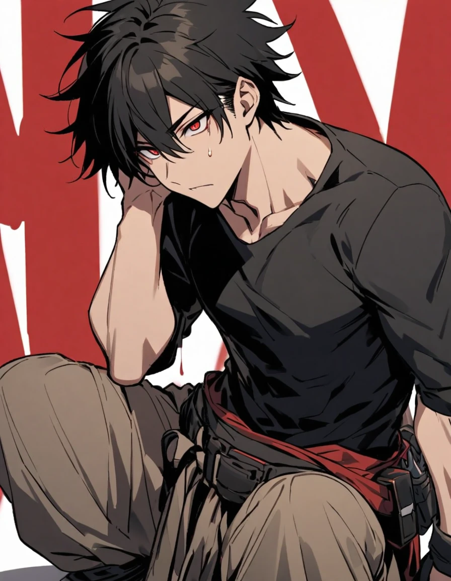 Sasae Hatsushimi. is a young man with messy, shoulder-length black hair that partially hangs in front of his face and half-opened blood-red eyes. With a cool and cold face with a strong gaze. he has a moderate athletic build, and His attire consists of a tight-fitting black shirt, sports tan baggy pants with a tool belt casually around his waist, and black boots