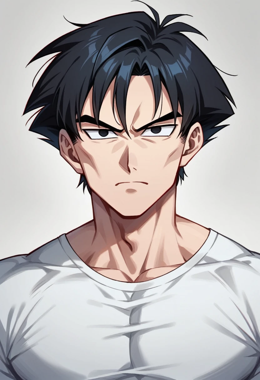 A highschool boy, handsome, perfect body, black hair, short hair, mullet, black eyes, upturned eyes, expressionless, white shirt, anime, first-person view, dragonball art style, masterpiece, anatomically correct, high details, highres, best quality, super detail, 1080P